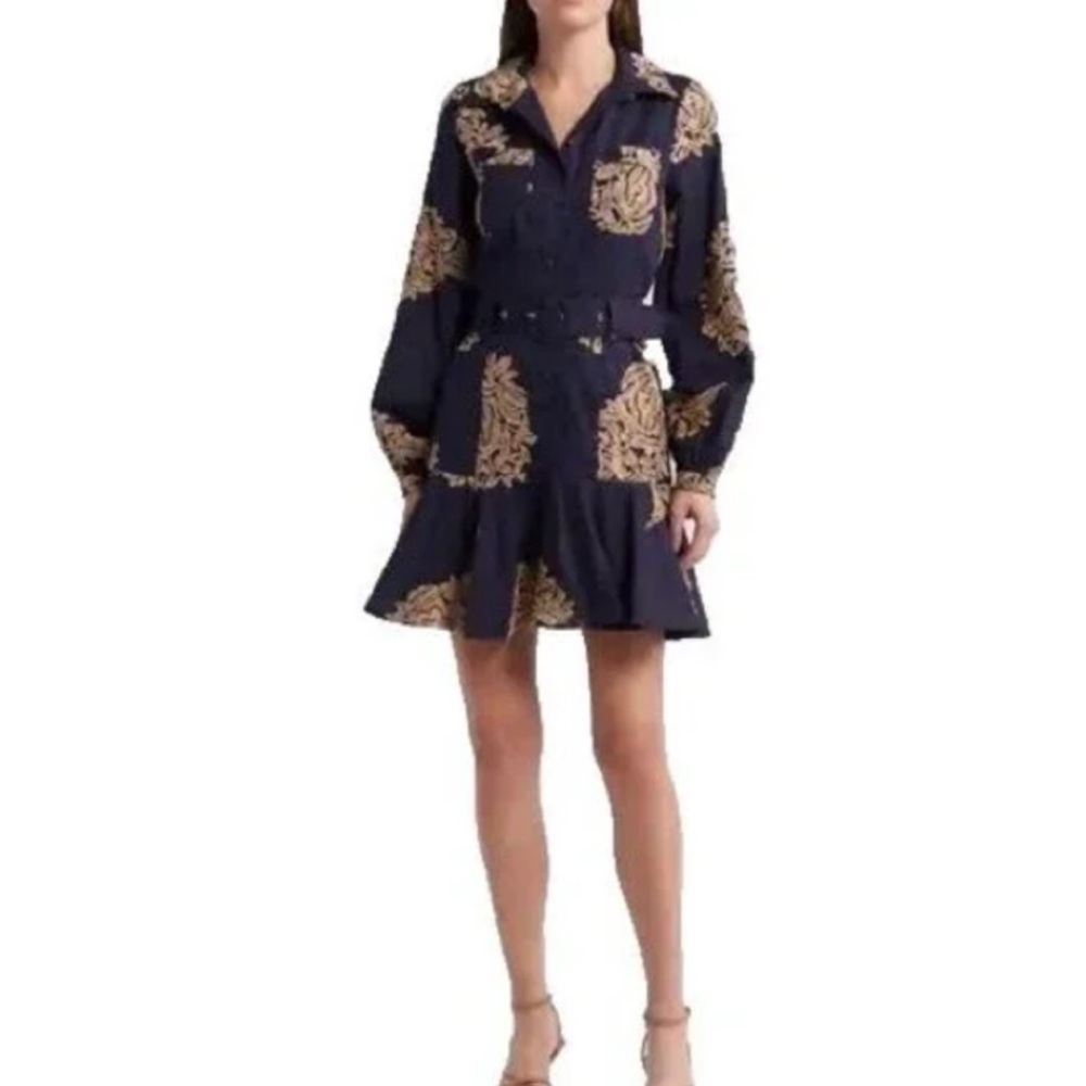 Ciebon navy embroidered belted shirt dress polished mini size small